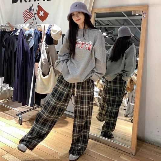ロゴ トレーナー レディース 韓国 ファッション チェック ビッグシルエット ロゴ スウェット シャツ