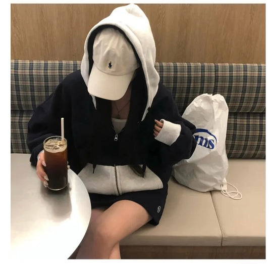 バイカラー ジップ パーカー レディース 韓国 カジュアル ファッション オーバーサイズ フーディ 秋冬 トップス