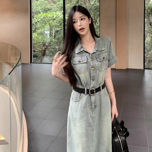 デニム ワンピース 韓国 ファッション ロングワンピ ダメージ加工 ビンテージ レトロ 半袖 夏ワンピ