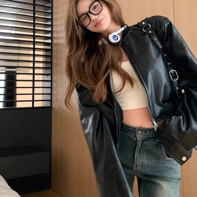 エコレザージャケット レディース 韓国 ファッション レザー ジップブルゾン クロップド丈 ジャケット
