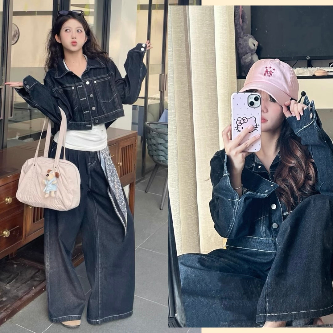 デニム セットアップ レディース 韓国 ファッション インディゴブルー ワイドパンツ デニムジャケット おしゃれ 大人 カジュアル