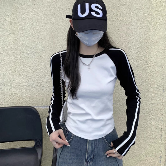 ロンT レディース サイドライン ラグラン 長袖 T 韓国 ファッション バイカラー タイト ロングTシャツ