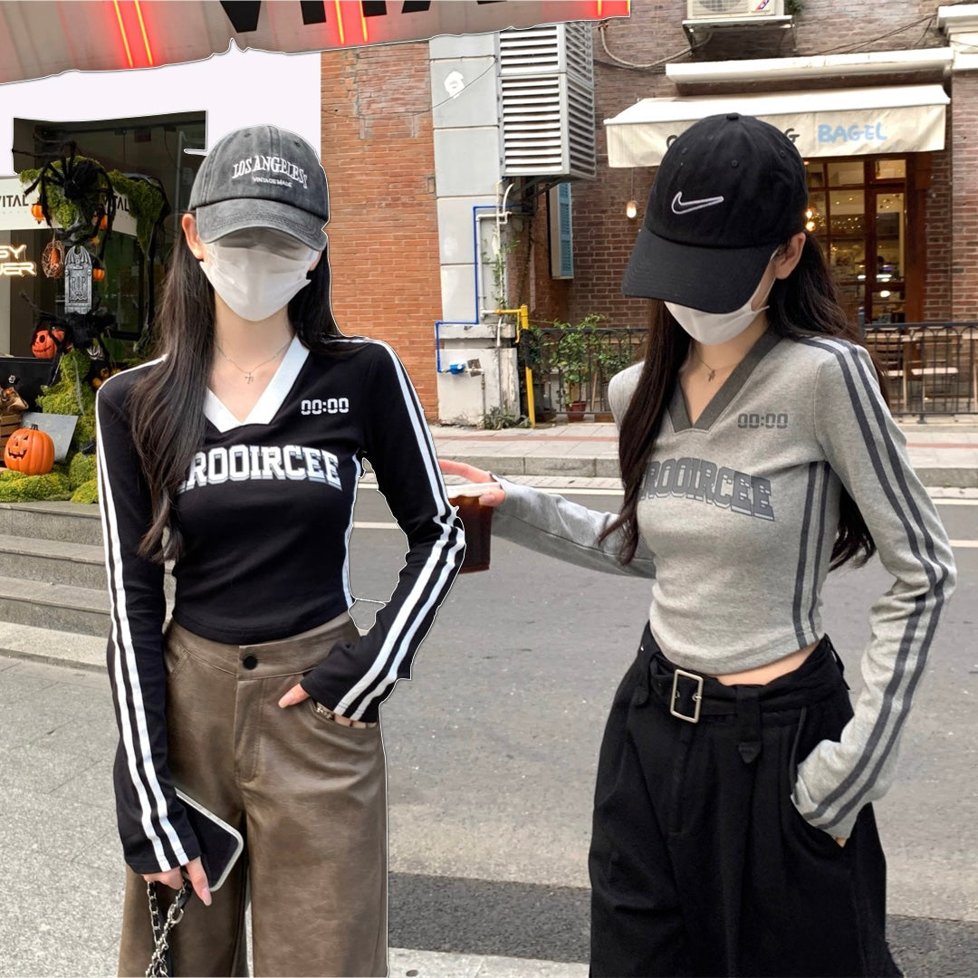 ライン クロップド ロングTシャツ レディース 韓国 ファッション V