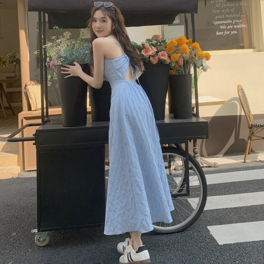 夏 キャミ ワンピース レディース 韓国 ファッション 夏 背中見せ ノースリーブ サマー ロングワンピース ブルー