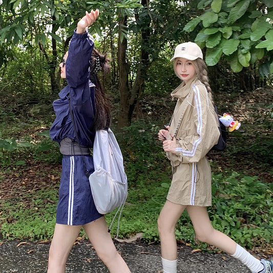 セットアップ レディース ミニスカート レディース ナイロン ジャージ 韓国 サイドライン ナイロン ジャケット ミニスカート 上下セット