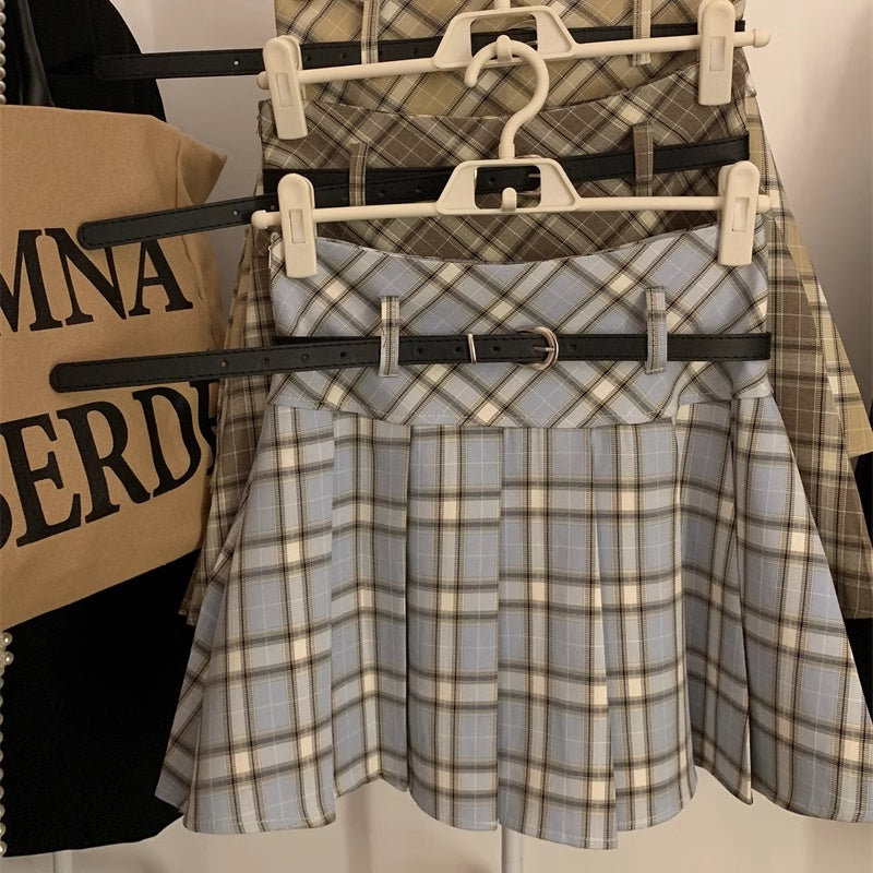 チェック ミニスカート レディース 韓国 ファッション ベルト付 プリーツ 英国チェック ミニスカ