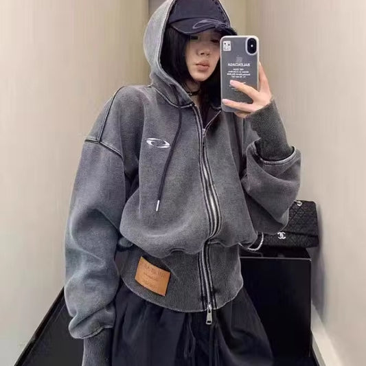 パーカー レディース ビンテージ加工 韓国 ファッション ダブルジップ クロップド丈 ショートフーディ