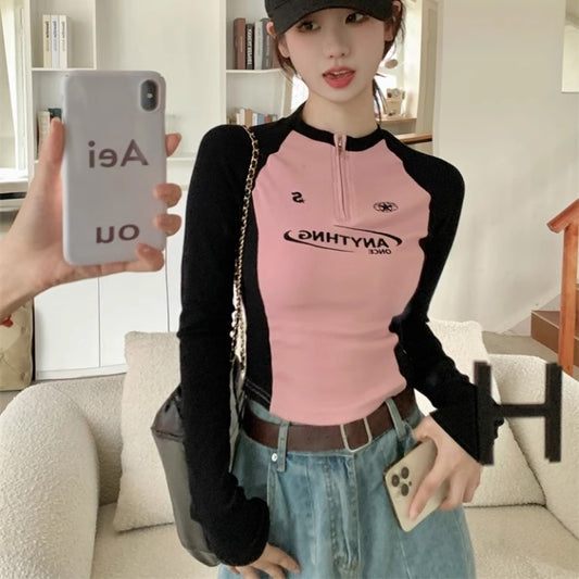 カーフジップ ショート丈 ロングTシャツ レディース 韓国 ファッション クロップド スポーツ カットソー