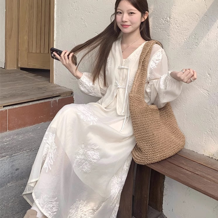 チャイナドレス ワンピース セット レディース 韓国 ファッション キャミワンピース ボレロ 2点セット 刺繍 白ドレス