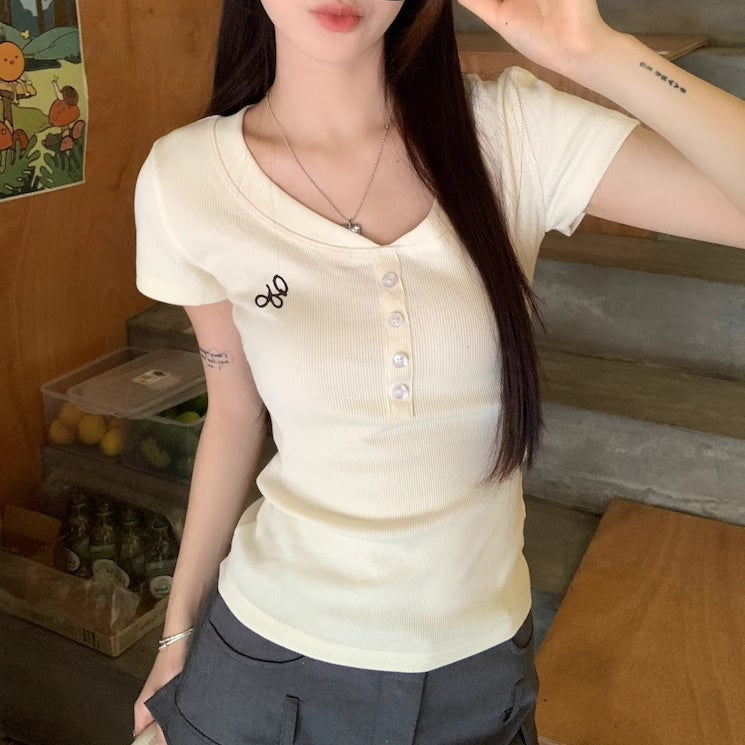 ヘンリーネック Tシャツ レディース 韓国 ファッション 夏 トップス Vネック 半袖 カットソー タイト ストレッチ T