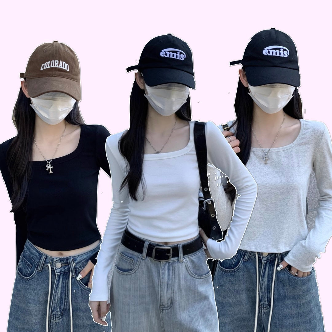 クロップド ロングTシャツ レディース 韓国 ファッション スクエアネック ストレッチ 長袖 カットソー