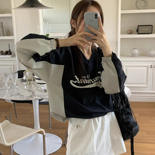 ナイロン スウェット トレーナー レディース 韓国 トップス バイカラー ロゴプリント Vネック オーバーサイズ プルオーバー