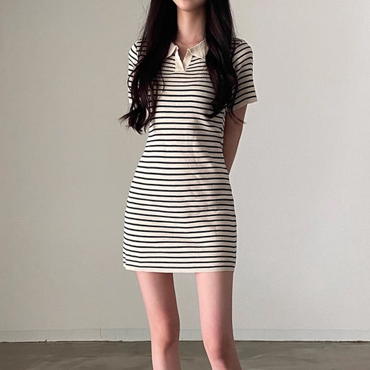ボーダー ポロ ワンピース レディース 韓国 ファッション 夏 半袖 ミニワンピ