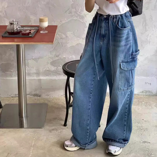 デニム カーゴパンツ レディース 韓国 ファッション サイドポケット ジーンズ ゆったり ワイドパンツ