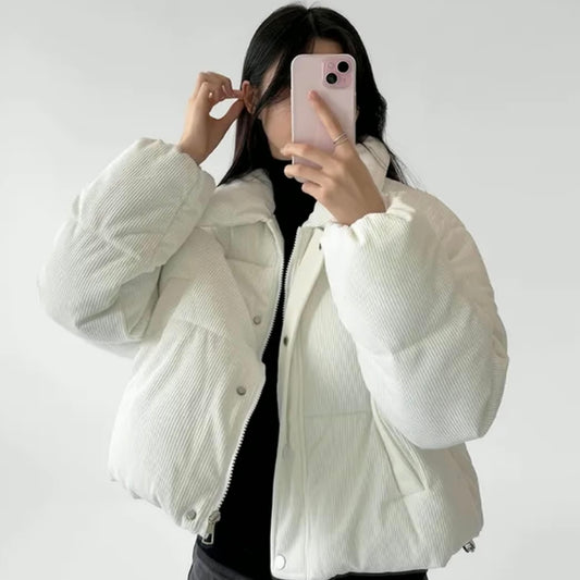 コーデュロイ エコダウン ジャケット レディース ショート丈 ボリューム クロップ ダウン 韓国 アウター 冬