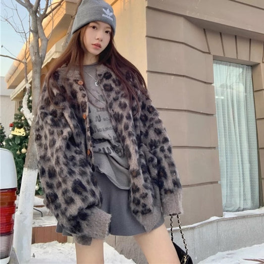 レオパード シャギー カーディガン レディース 韓国 ファッション オーバーサイズ ヒョウ柄 アニマル ニット カーデ