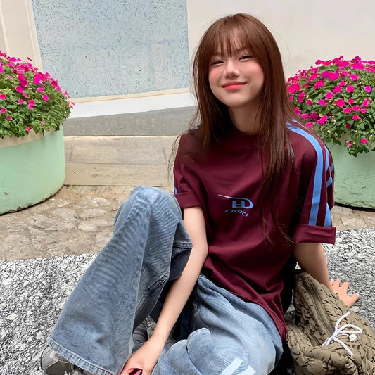 ライン Tシャツ レディース 韓国 ファッション オーバーサイズ T 肩ライン ロゴ スポーティー