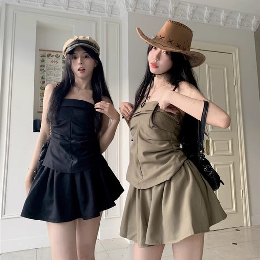 セットアップ レディース チューブトップ ミニスカート 韓国 上下セット シンプル かわいい 夏 ワントーンコーデ