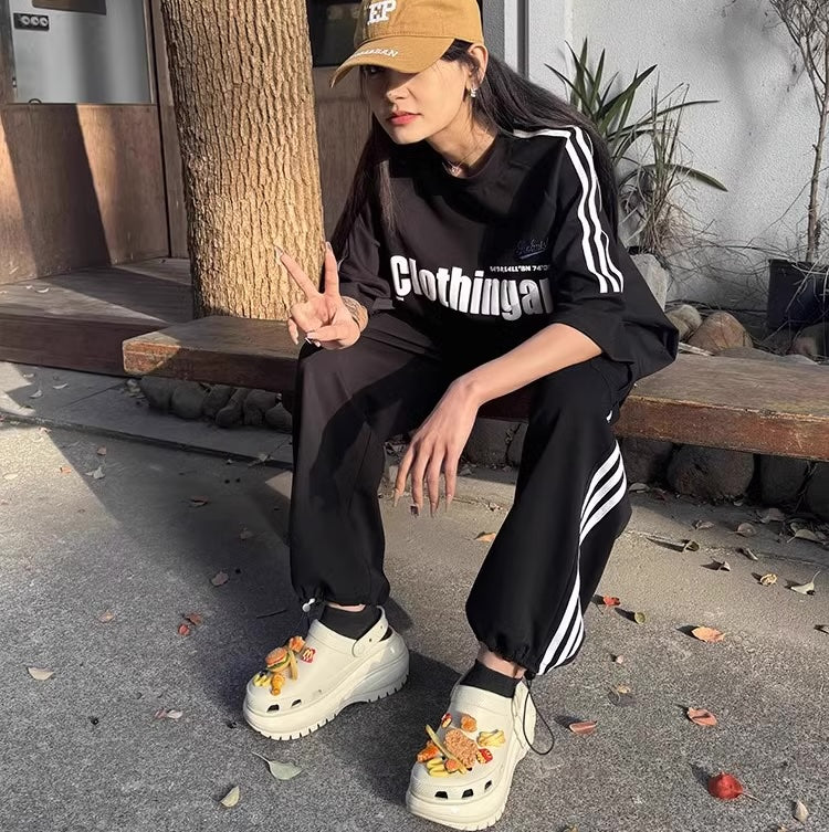 セットアップ レディース 韓国 ファッション ロゴ Tシャツ ラインパンツ ジャージ 上下セット 夏 スポーツウェア