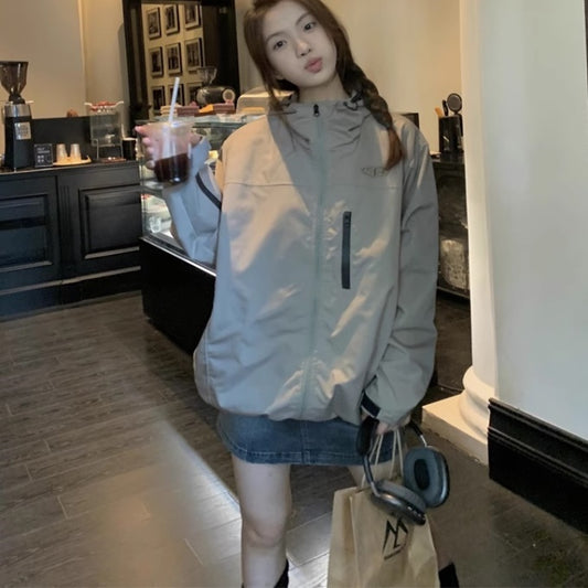 ナイロン パーカー ジャケット レディース 韓国 ファッション ジップパーカー ナイロンジャケット 秋アウター ジップポケット 黒/ベージュ