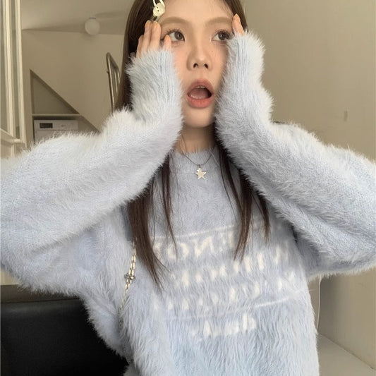 ロゴ シャギー ニット レディース 韓国 ファッション 毛足ニット オーバーサイズ