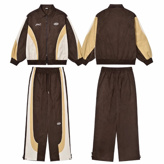 冬 ジャージ セットアップ レディース スウェード調 上下セット 韓国 ファッション バイカラー スリム効果 ストリート スポーティ ストリート トラックジャケット ワイドパンツ 上下セット