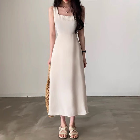 ノースリーブ ロングワンピース 韓国 ファッション バックリボン スクエアネック お呼ばれ 夏ワンピース デコルテ Aライン