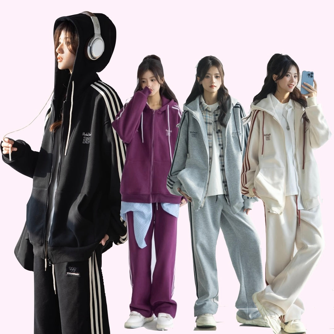 スウェット ジャージ セットアップ レディース サイドライン オーバーサイズ 韓国 ファッション パーカー ワイドパンツ スポーティー 上下