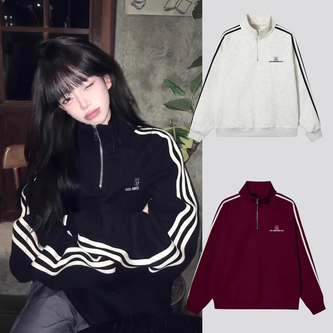 ハーフジップ スウェット トップス レディース サイドライン 韓国 ファッション スポーティ スタンドネックトレーナー