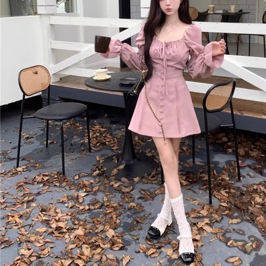 セットアップ ワンピ レディース パフスリーブ クロップド トップス ミニスカート 上下セット 韓国 ファッション 長袖 バルーンスリーブ ピンク ガーリー ワンピース風 セットアップ
