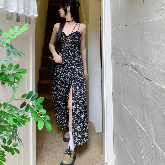 花柄 キャミ ロングワンピース レディース 韓国 ファッション シャーリング スリット ロング キャミワンピース