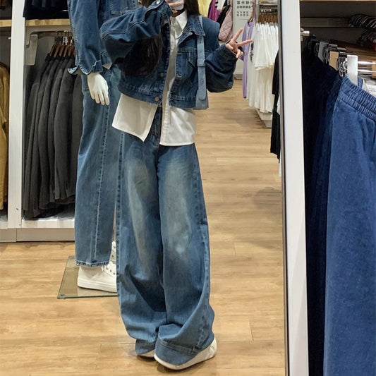 デニム セットアップ レディース 韓国 ファッション クロップド ヴィンテージ加工 デニムジャケット デニムワイドパンツ 上下セット デニムオンデニム スタイル