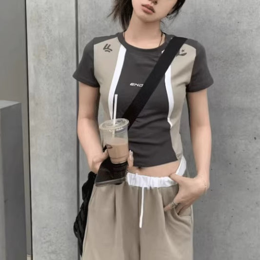 クロップド Tシャツ レディース スポーティー カラーブロック 韓国 ファッション チビT 夏トップス カジュアル