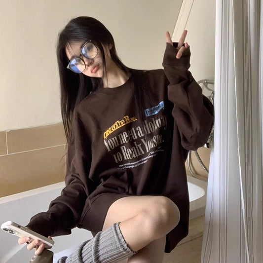 ロゴ トレーナー レディース 韓国 ファッション グラフィック オーバーサイズ スウェット トップス メッセージ ロゴ ブラウン/ブラック