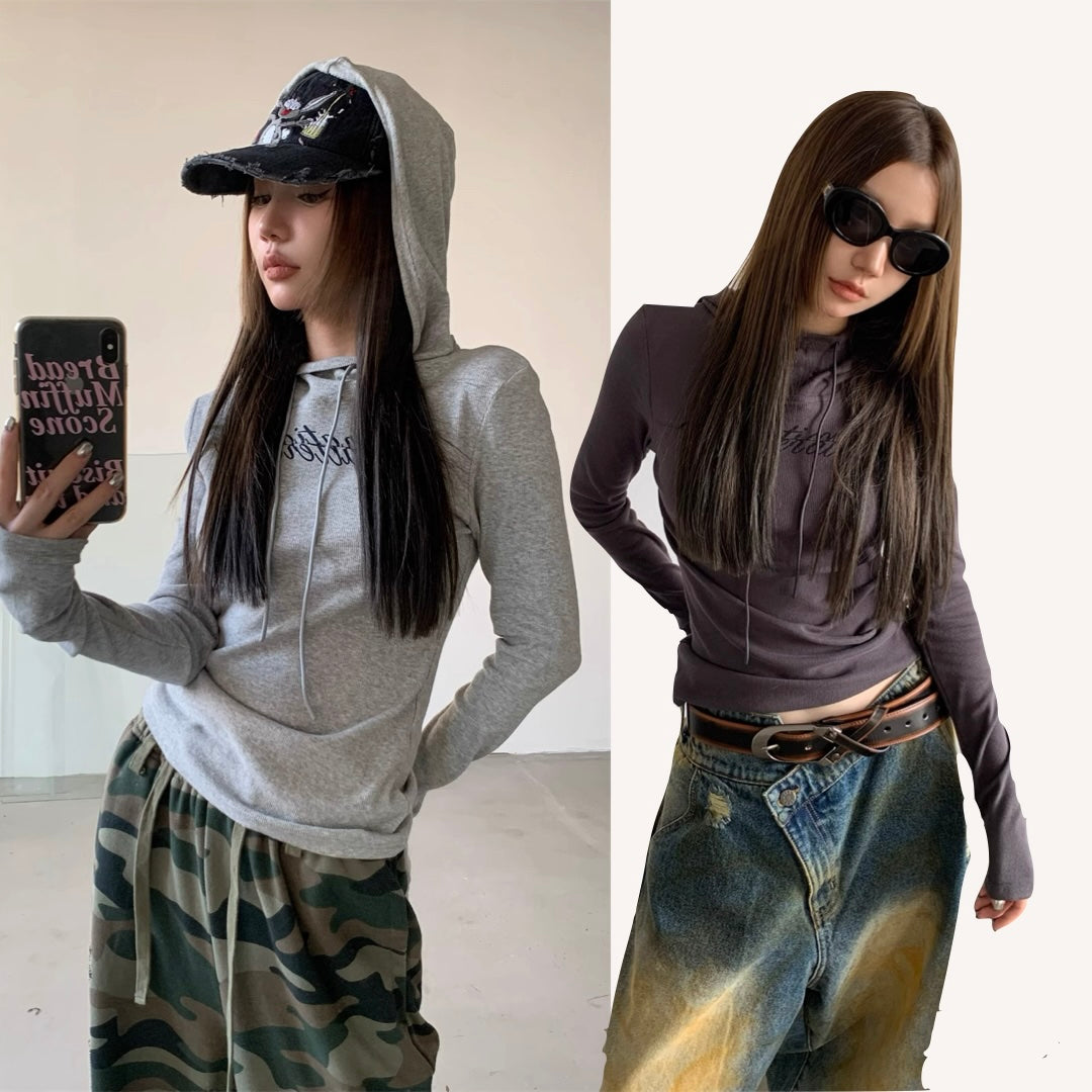 パーカー ロングTシャツ レディース 韓国 ファッション フード ロゴ ロンt ロング袖 タイト トップス