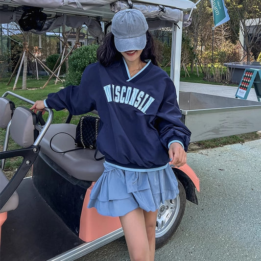 ナイロン プルオーバー ロングスリーブ シャツ Vネック レディース 韓国 ファッション オーバーサイズ トレーナー トップス 春夏