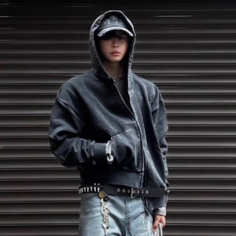 ジップ パーカー レディース 色落ち加工 韓国 ファッション ダブルジップ 色褪せ ダメージ加工 フーディー