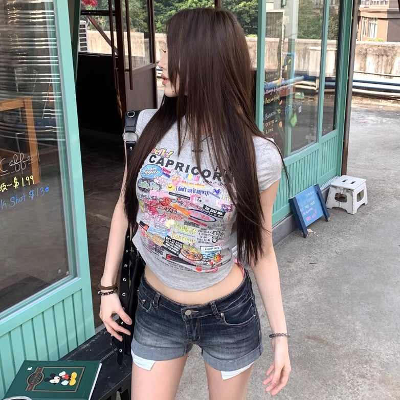 Tシャツ レディース 韓国 ファッション プリント ロゴ フレンチ袖 タイトT