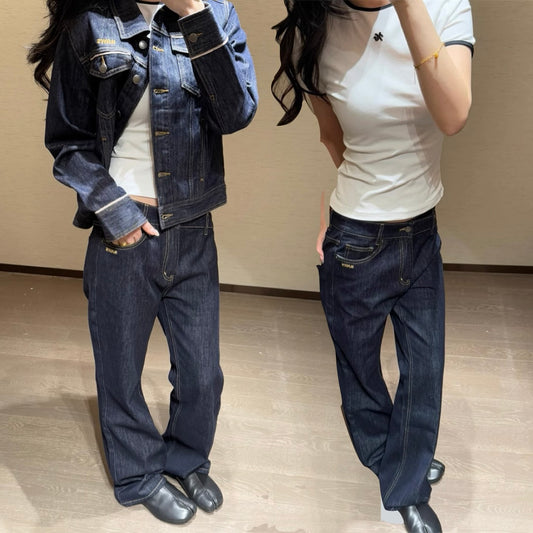 デニム セットアップ レディース 韓国 ファッション インディゴ デニム ロゴ レギュラーフィット ストリート ジーンズ 上下セット
