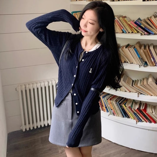 カーディガン レディース 韓国 ファッション ワンポイント ボタン ニット ノーカラー カーデ