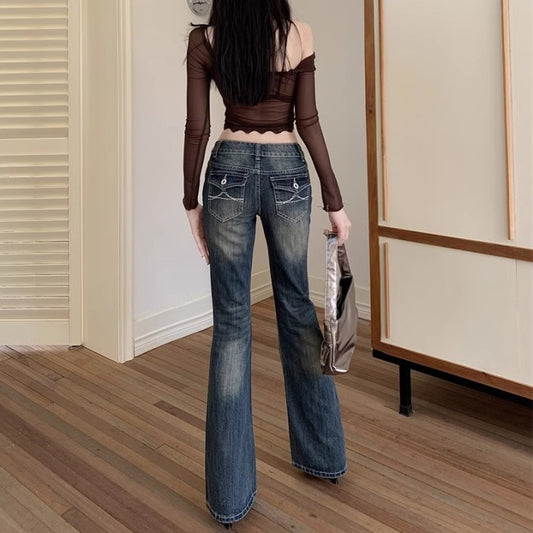 ローライズ フレア デニムパンツ レディース 韓国 ファッション 刺繍 バックポケット ステッチ レトロ かわいい きれいめ デニム ユーズド加工