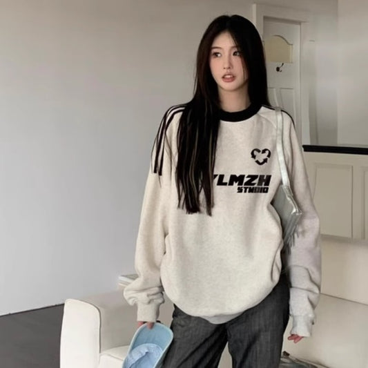 ライン スウェット トレーナー レディース 韓国 ファッション 裏起毛 ビッグシルエット ロゴトレーナー ミックスグレー 秋冬トップス