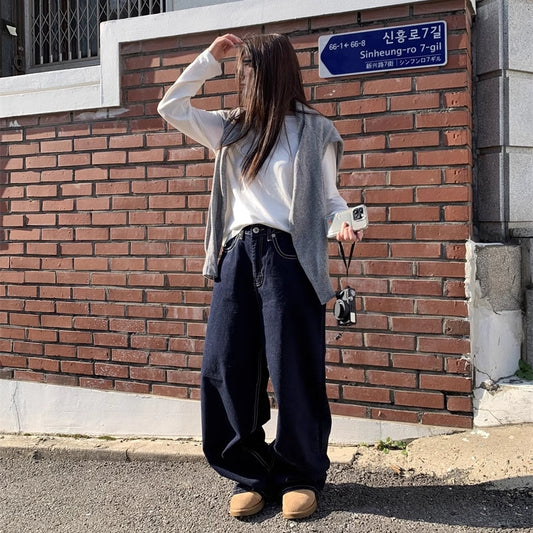 デニムパンツ ワイドシルエット レディース 韓国 ファッション インディゴ ステッチ アメカジ ジーンズ