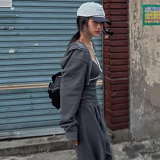 スウェットセットアップ レディース パーカー 上下セット 韓国 ファッション クロップド ジップパーカー スウェットパンツ 2点セット アッシュ ダメージ加工