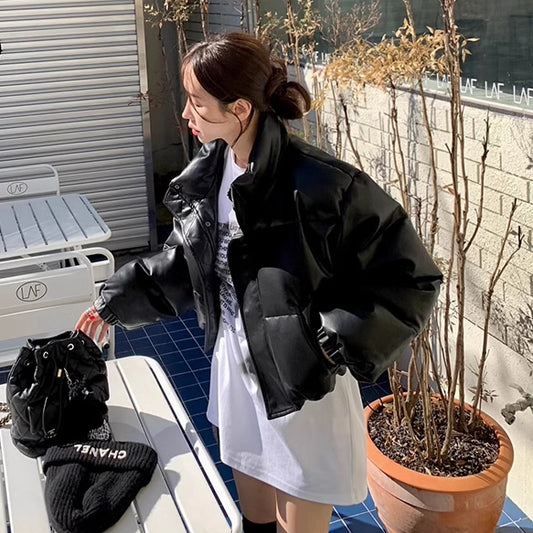 エコレザー パテッド ジャケット レディース 韓国 ファッション アウター クロップド ボリューム 中綿 ショート丈