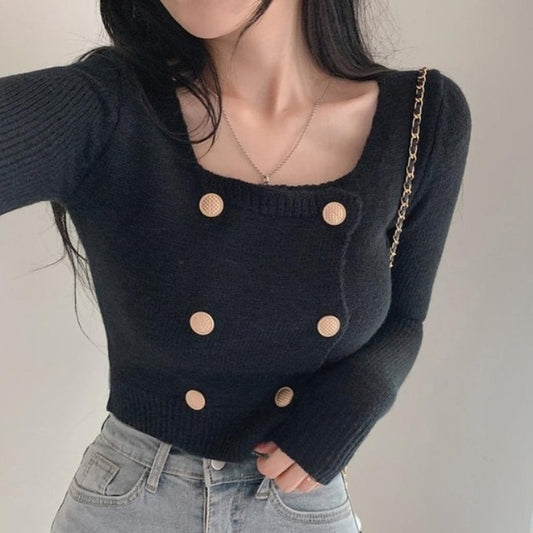 クロップド ボタン ニットトップス レディース 韓国 ファッション ダブルボタン スクエアネック ショート丈 ニットトップス