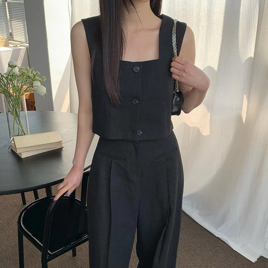 ノースリーブ セットアップ レディース 夏 韓国 ファッション きれいめ ワイドパンツ ノースリーブ 上下セット