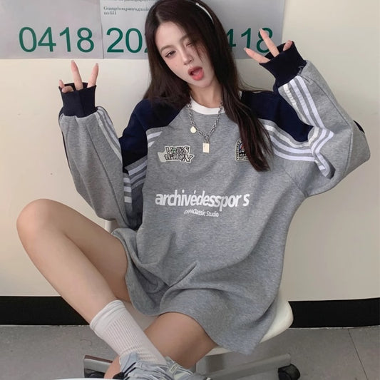 ライン スポーツ トレーナー レディース 韓国 ストリート ファッション ロゴ 袖ライン オーバーサイズ スウェット 秋冬 トップス