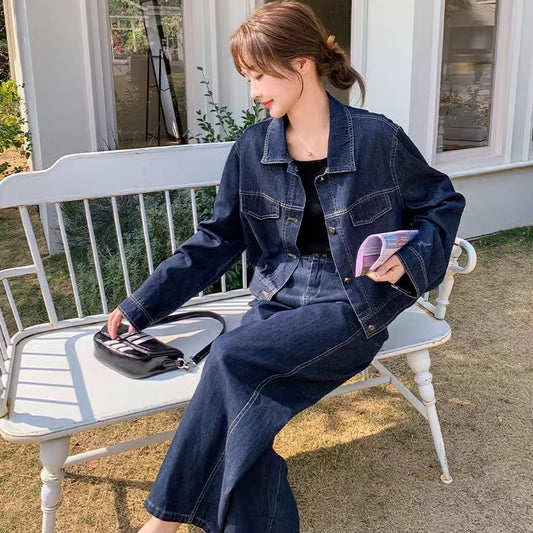 デニムセットアップ レディース 韓国 ファッション デニムジャケット ワイドパンツ ネイビー インディゴデニム 上下2点セット ショート丈ジャケット ブルゾン アウター ロングパンツ