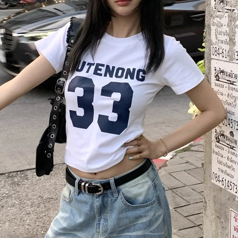ナンバーロゴ クロップ Tシャツ レディース 韓国 ファッション 半袖 プリント ショート チビT